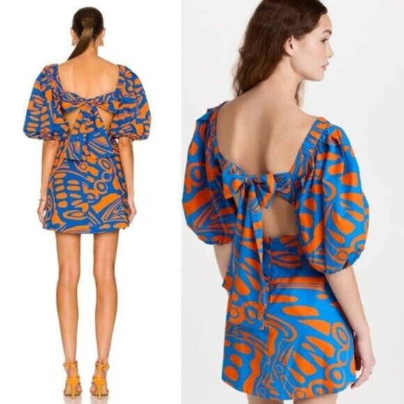 Alexis Bodhi Indigo Blue Orange Puff Sleeve Cut Out Mini Dress Size M - Picture 2 of 11